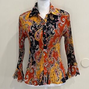 Y2K Essentials By Milano Red Yellow Geometric Plissé Pleated Bell Sleeve Top S